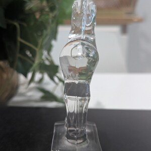 May include: A clear glass horse figurine. The horse is standing on a rectangular base. The figurine is transparent, allowing light to pass through, and is positioned against a dark surface with a blurred background of greenery.