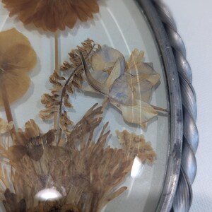 May include: Oval-shaped pressed flower art piece. The artwork features dried flowers in shades of brown, beige, and light blue, encased in glass. The frame is a twisted metal design.
