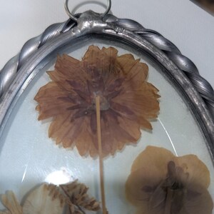 May include: Oval-shaped, silver-toned framed pressed flower art. The frame has a twisted rope design. Inside, dried flowers in shades of brown and beige are visible, with a clear glass cover and a metal loop for hanging.