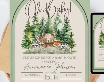 Woodland Animals Baby Shower Invitation, Neutral Design (Canva Template)