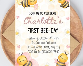 Floral Bee First Birthday Invitation, Editable Canva Template