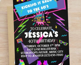 Editable 80s Birthday Invitation, Retro Boombox, Neon Accents (Digital Download)