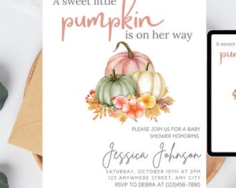 May include: A baby shower invitation with the text "A sweet little pumpkin is on her way." The invitation features watercolor pumpkins in pink, green, and white, with floral accents. The event details include the name Jessica Johnson, date, time, and RSVP information.