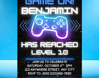 Video Game Birthday Invitation, Neon Gamer Party, Editable Canva (5x7)