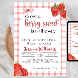 Uitnodiging babyshower aardbei: thema zoete bessen (digitale download: 5 x 7)