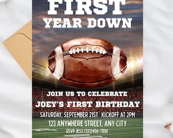 Football First Birthday Invitation, First Year Down, Editable Template