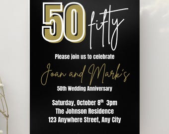 50th Anniversary Invitation, Gold Lettering (Digital Template)