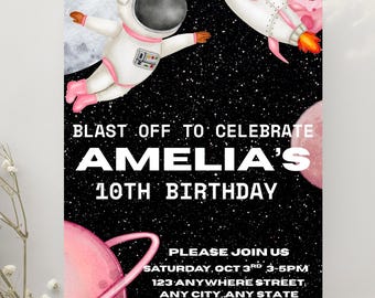 Space Birthday Party Invitation, Astronaut Outer Space Theme Invitation, Galaxy Invitation, Editable Space Birthday Invitation