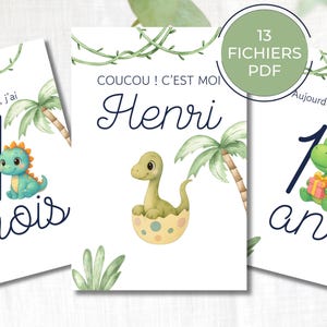 Personalized Dinosaur Baby Milestone Cards – 13 Printable PDF Cards 10x15 cm – Birth Gift – Month by Month Tracking