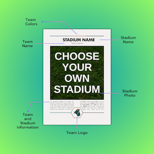 May include: A white poster with the text "CHOOSE YOUR OWN STADIUM" over a green grass background. The top of the poster has the text "STADIUM NAME" and a team logo at the bottom. The background is a gradient of green and yellow.
