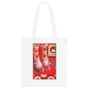 Cutesy Whimsical Tote Bag - Scuffed but Sparkly - 100% Cotton Canvas - Red Apple & Heels Illustration - East meets West Cutesy Core