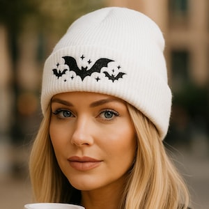 Embroidered Bat Waffle Knit Beanie - Gothic Halloween Style