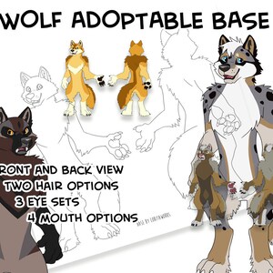 May include: A digital illustration of a wolf character design base. The base includes front and back views, two hair options, three eye sets, and four mouth options. The base is in black and white, with the text "WOLF ADOPTABLE BASE" at the top and "FRONT AND BACK VIEW, TWO HAIR OPTIONS, 3 EYE SETS, 4 MOUTH OPTIONS, BASE BY LOBITAWORKS" at the bottom.
