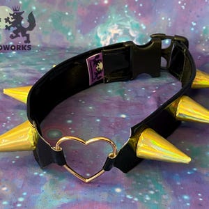 Fursuit Collar - Black with Gold Spikes and Heart Shaped Ring- READY TO SHIP