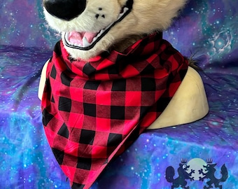 Jumbo FURSUIT SIZE Bandana with Zippered Pocket - red and black buffalo plaid design