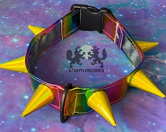Fursuit Collar - Metallic Rainbow with Iridescent Gold Spikes - READY TO SHIP