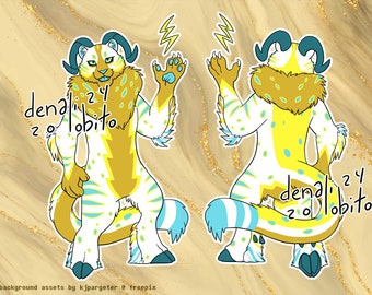 May include: A white and yellow furry creature with blue accents and lightning bolt markings. The creature has horns and a long tail. The text "denali 24 zolobito" is written on the image.