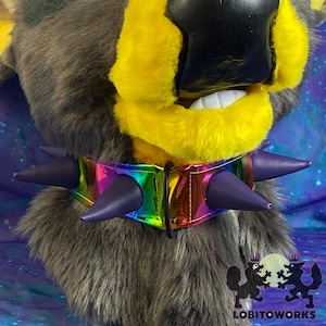 Fursuit Collar - Metallic Rainbow with Purple Spikes - READY TO SHIP