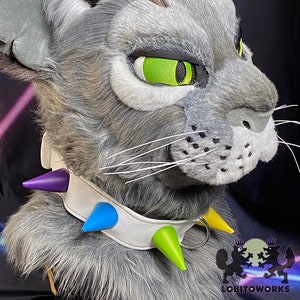 Fursuit Collar - White with Rainbow Spikes and Rainbow Stitching - READY TO SHIP