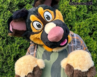 Cashew the German Shepherd Mix Light Partial Fursuit - head, hands, tail, ref sheet