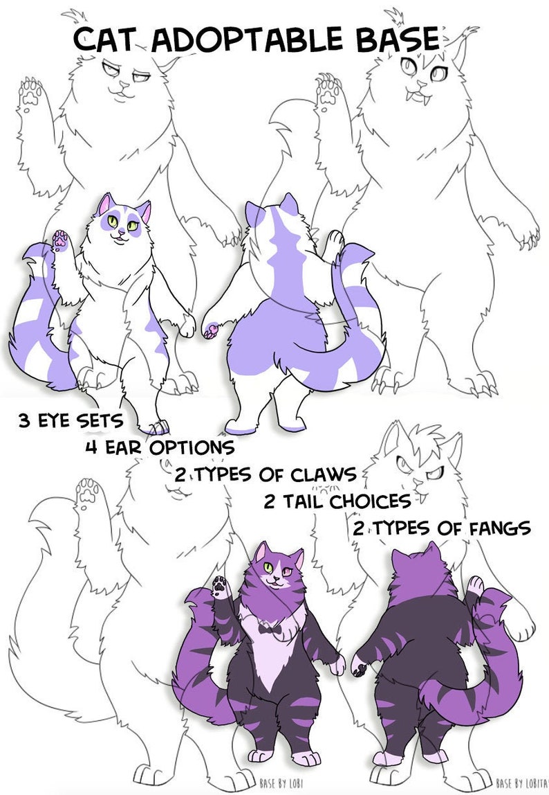 May include: A line art base for creating adoptable cat characters. The base includes 3 eye sets, 4 ear options, 2 types of claws, 2 tail choices, and 2 types of fangs. The base is in black and white with purple accents.