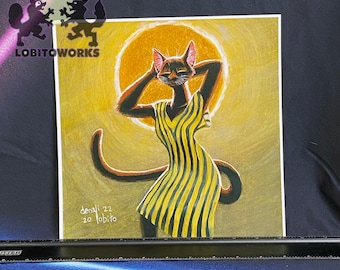 バステトのパピルス絵画 – エジプトの猫の女神の芸術、手描きの象形