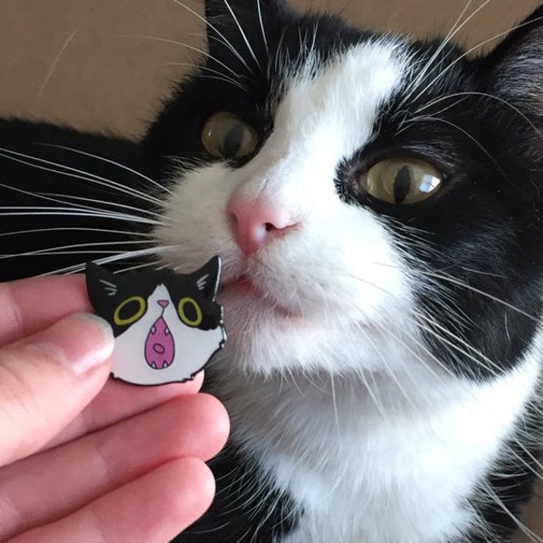 Yelly Shelly Enamel Pin - Tuxedo Cat with Glow in the Dark Eyes