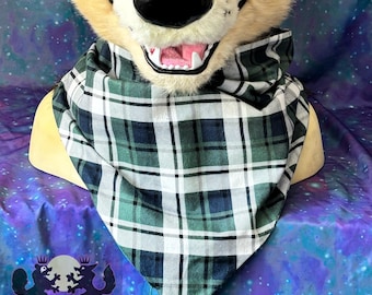 Jumbo FURSUIT SIZE Bandana with Zippered Pocket - green/blue/white plaid design