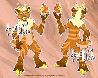 May include: A digital illustration of a brown and orange striped furry creature with yellow horns and a yellow tail. The creature is holding a flame in its right hand. The creature is standing on a light pink background with gold glitter. The text "denali 24 20 lobito" is written on the image.