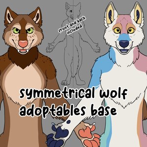 May include: Two symmetrical wolf adoptables bases, one brown and one with blue, white, and pink markings. The bases are outlined in black and have a simple, cartoonish style. The text "symmetrical wolf adoptables base" is written below the bases.
