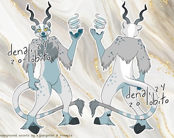 May include: A digital illustration of a furry, blue and white creature with large horns and a long tail. The creature is standing on all fours and has a swirling blue and white design in its hand. The text "denali24 zobito" is written on the image.
