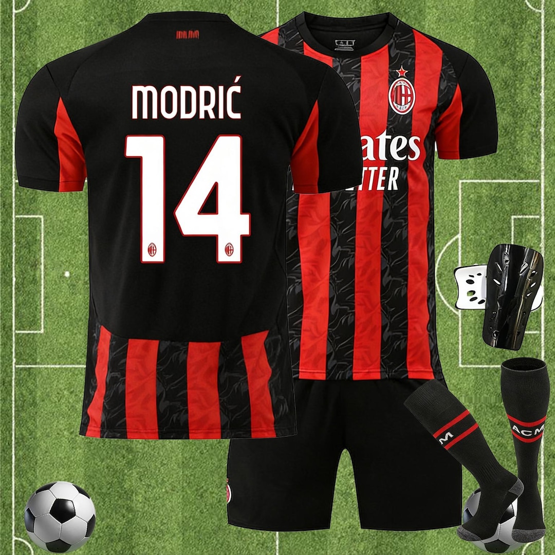 25 26 Modric #14 AC Milan Inspired Jersey & Shorts Set, Kids and