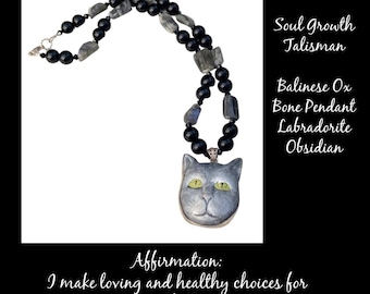 Soul Growth Cat Talisman, Hand Carved Ox Bone, Sterling silver, Labradorite, OOAK, Obsidian
