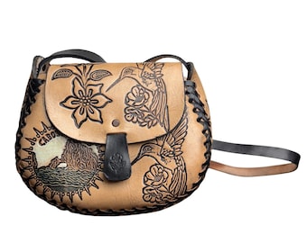 Vintage Mexican Hummingbird Hand Tooled Leather Cross-Body Purse - EUC