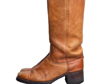 Women's 70's Frye Black Label Campus Western Leather Boots Classic Saddle Brown