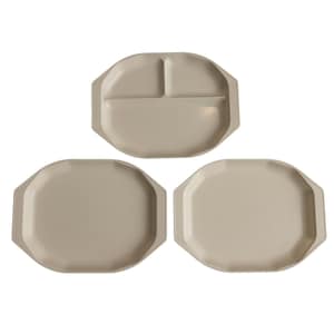 May include: A set of three light beige plates with an octagonal shape and integrated side handles. One plate features a three-section divider, while the other two plates have a single open surface. The plates have a smooth, solid-colored finish.