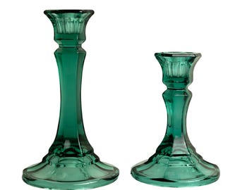 Vintage MCM Indiana Glass Co. Emerald Green Candle Holders - Lot of 2