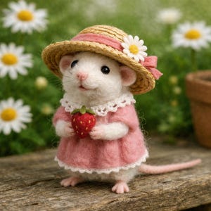 Ratón de fieltro hecho a mano con fresa, adorable muñeco de ratón veraniego, figura de animal estilo cottagecore, regalo para amantes de los animales, arte en miniatura.