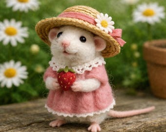 Ratón de fieltro hecho a mano con fresa, adorable muñeco de ratón veraniego, figura de animal estilo cottagecore, regalo para amantes de los animales, arte en miniatura.