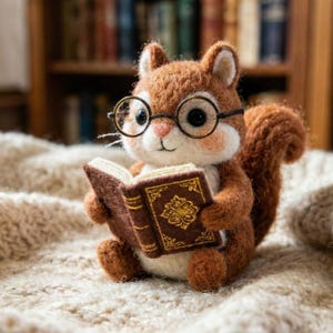 May include: A handcrafted brown squirrel figurine wearing round glasses, holding and reading a small, open book with gold accents. The squirrel has a fluffy tail and is sitting on a cream-colored surface, with a bookshelf in the background.