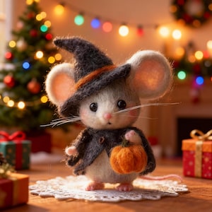May include: A handcrafted felt mouse wearing a witch's hat and cape, holding a small orange pumpkin. The mouse has large ears and whiskers, set against a festive holiday background with a Christmas tree and wrapped gifts.