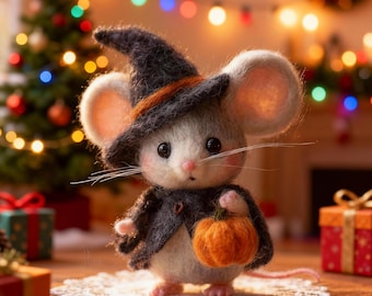 Handmade Felt Mouse Figurine with Pumpkin – Halloween Decor  Christmas Xmas Thanksgiving Gift