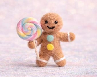 Handmade Felt Gingerbread Man with Lollipop | Cute Wool Candy Character Plush | Whimsical Kawaii Holiday Desk Decor | Soft Sculpture Toy