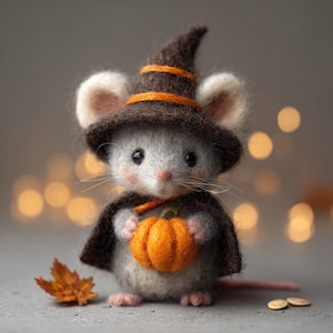 May include: A handcrafted felt mouse wearing a witch hat and cape, holding a small orange pumpkin. The mouse has a gray body, pink ears and feet, and long whiskers. A fall leaf and gold coins are in the foreground.