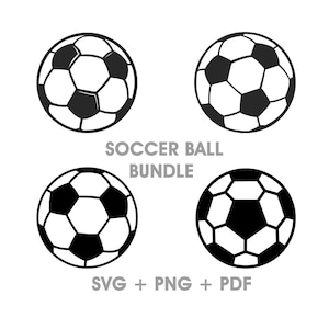 May include: A bundle of four black and white soccer ball designs. The text "SOCCER BALL BUNDLE" is displayed in gray, along with "SVG + PNG + PDF". The soccer balls have a classic pentagon and hexagon pattern.