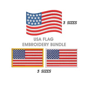 May include: An embroidery bundle featuring the USA flag in three sizes. The image shows a waving flag design and two rectangular flag patches with gold and silver borders. The text "USA FLAG EMBROIDERY BUNDLE" is displayed.