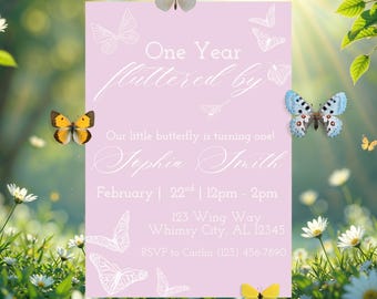 One Year Fluttered By Invitation, Butterfly First Birthday Invite, Whimsical 1st Birthday, Digital Download, Butterfly Birthday Invitation