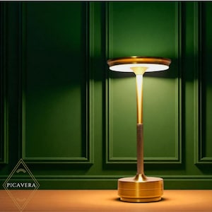 May include: A gold table lamp with a circular shade and base. The lamp features a thin stem with a textured, dark brown section. The background is a dark green wall. The lamp is illuminated, emitting a warm light.