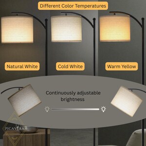 May include: A black floor lamp with a square lampshade, showcasing different color temperatures: natural white, cold white, and warm yellow. The image also displays the text "Continuously adjustable brightness".