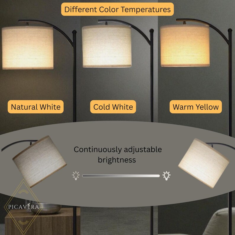 May include: A black floor lamp with a square lampshade, showcasing different color temperatures: natural white, cold white, and warm yellow. The image also displays the text "Continuously adjustable brightness".
